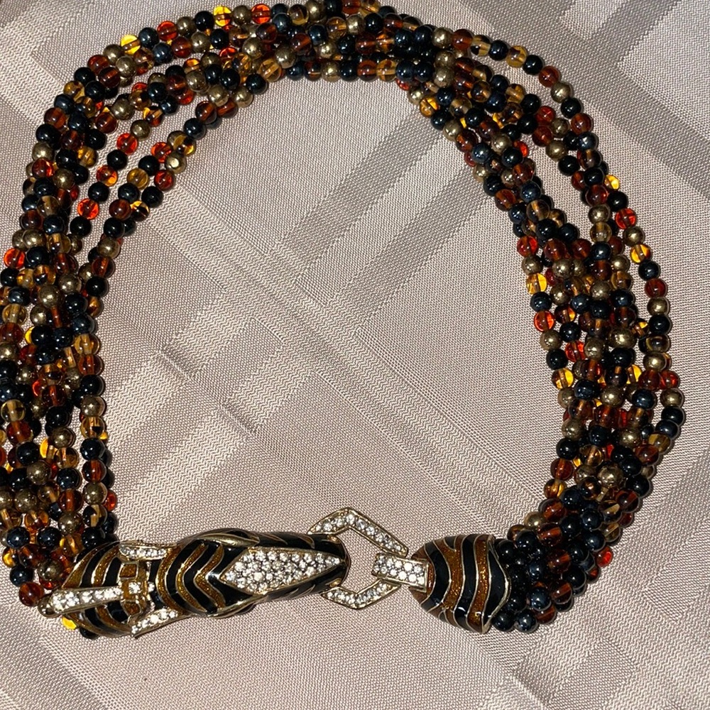 Vintage Signed CINER Enameled Zebra Torsade eight Strand Glass Bead Necklace